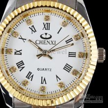 Wthie Dial Golden Rim Crystal 2-tone Band Quartz Watch N0213