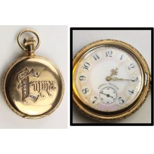 14k Solid Gold And Diamond Pink-face Waltham Ladies Pocketwatch