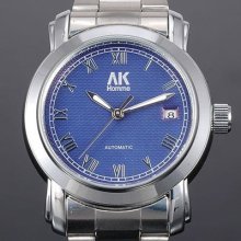 Ak-homme Silver Stainless Steel Band Blue Dial Mens Mechanical Wrist Watch