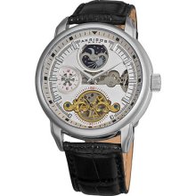 Akribos Xxiv Men's Mechanical Dual Time Open Heart Leather Strap Watch