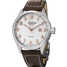 Alpina Men's 'Aviation' Silver Dial Brown Leather Strap Watch