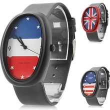 Analog Unisex Leather Quartz Wrist Watch with Flag Logo (Black)