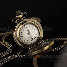 Antique Dark Brown Glass Lsrg Necklace Quartz Pocket Watch Bronze Chain Gift