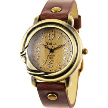 Antique Numeral Hour Markers Dial Leather Strap Watch for Women - Brown - Stainless Steel