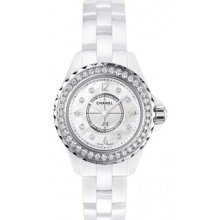 Authentic Chanel J12 Quartz H2572 White 29mm Ceramic With Factory Diamond Bezel