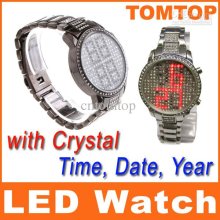 Black Crystal Alloy Waterproof Sport Watch Red Led Light Digital Lad