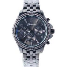 Black Crystal Bezel Geneva Ceramic Glitz Style Watch W/ Perfume