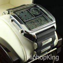 Black Silver Multi Functional Digital Watch Am/pm Display Quartz Movement