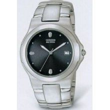 Citizen Eco Drive Men`s Silver Link Bracelet Watch With Black Dial