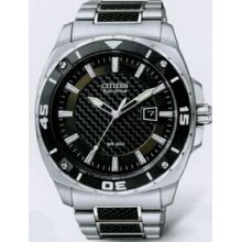 Citizen Eco Drive Men`s Silver Wr200 Watch With Carbon Fiber Dial Inlay