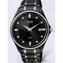 Citizen Eco Drive Men`s Black Dress Diamond Pairs Watch With Silver Trim