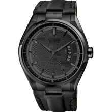 Citizen Men's Eco-Drive Black Stainless Steel Case Black Dial Leather Strap Date Display AW1135-19E