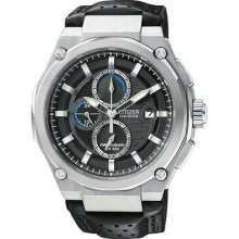 Citizen Mens Stainless Steel Eco-drive Chronograph Black Dial Leather Strap