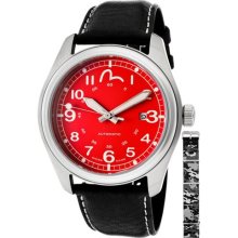 Evisu Watches Men's Hiro Automatic Red Dial Black Leather Black Leath