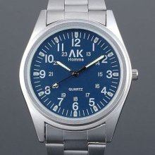 Fashion Mens Blue Dial Stainless Steel Ak Homme 12/24h Wrist Watch