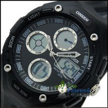 Fashion Ohsen Men Quartz Multi-function Date Sprot Lcd Watch Boy Rubber Band