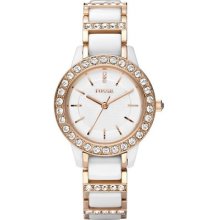 Fossil Ladies Ce1041 White Ceramic Lots Of Bling Rose Gold Finish