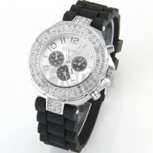 Gel Silicone Rubber Silver Color Rhinestone Crystal Quartz Wrist Sport Watch