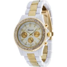 GENEVA FAUX CHRONOGRAPH WATCH W/ RHINESTONE - WHT/GLD ...