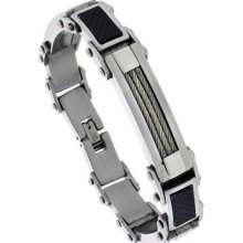 Gent's Stainless Steel Cable And Black Carbon Fiber Bracelet, 15mm Wide