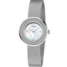 Gucci 'U-Play' Round Diamond Dial Mesh Watch Silver