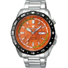 J Springs Mens Automatic Travel Stainless Watch - Silver Bracelet - Orange Dial - JSPBEB056