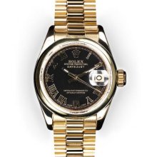 Ladies Black Roman Dial Smooth Bezel Rolex President (1027)