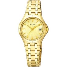 Ladies Pulsar By Seiko Pxt830 Quartz Gold Tone Chapagne Dial Watch