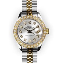 Ladies Two Tone Silver Dial Yellow Gold Beadset Bezel Rolex Datejust (509)