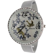 Large Face Ladies Silver Mesh Band Watch w/ Metallic Birds, Trees & Flowers - Silver - Silver - 3
