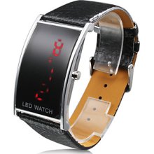 Leather Black PU Band Elagant Women Silvery Frame Red LED Wrist Watch