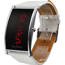 Leather White PU Band Elagant Women Silvery Frame Red LED Wrist Watch