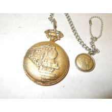 Majestron Quartz Railroad Pocket Watch W Chain & Railroad - Estate Listing