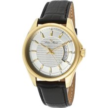 Men's Excalibur Silver Dial Gold Tone IP Case Black Genuine Leath ...