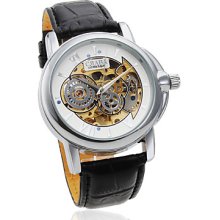 Men's Full Mechanical Movement Leather PU Wrist Watch with Hollow Engraving