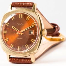 Men's gold plated watch vintage brick red face Soviet men's watch accessory