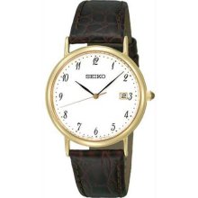 Men's Gold Tone Stainless Steel Case Dress White Dial Leather Strap