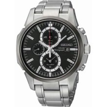 Men's Solar Stainless Steel Case and Bracelet Chronograph Black Dial Alarm