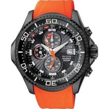 Men's Stainless Steel Aqualand Chronograph Black Dial Orange Rubber