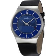 Men's Stainless Steel Case Leather Bracelet Blue Tone Dial Solar