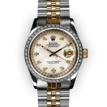 Men's Two Tone Mother of Pearl String Dial Beadset Bezel Rolex Datejust (207)