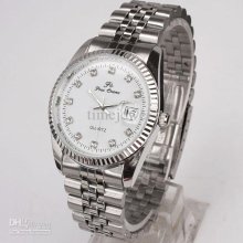 Men's White Dial Crystal Index Date Silver-tone Stainless Steel Quar