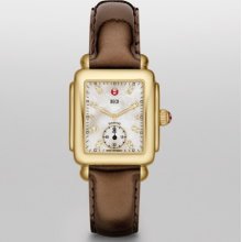 MICHELE Deco 16 Gold White Diamond Dial Espresso Patent