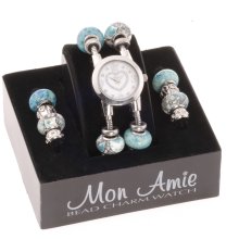 Mon Amie Womens Round Double Turquoise Bead Stainless Watch - Silver Stretch Band - Pearl Dial - 27515