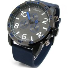 Navy Blue Gun Oversized Case Sport Men's Rubber Band Watch