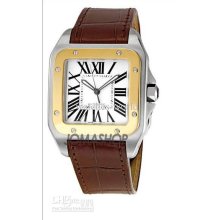 New Kdy Luxury Santos 18kt Yellow Gold And Steel Automatic Brown Lea