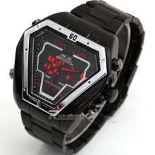 Oversize Dual Cores Led+analog Day Date Titamium Metal Black Alarm Men Watch