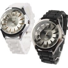 Pair of Chrysanthemum Shaped Dial Metal Design Quartz Wrist Watches - Black and White