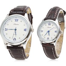 Pair of PU Analog Couple Quartz Watches with Roman Numbers (Brown)