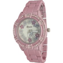 Pink Aluminum Finish Daisy Bracelet Watch w/ Mother of Pearl Dial